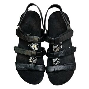VIONIC Amber Sandals sz 9.5 Wide Black Croc Embossed Strappy Comfort Orthopedic